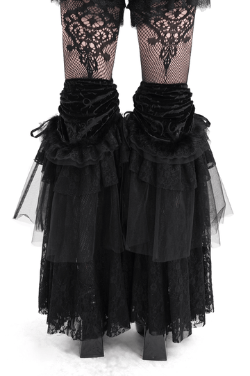 Lace and Velvet Leg Warmers with Victorian-Inspired Layers